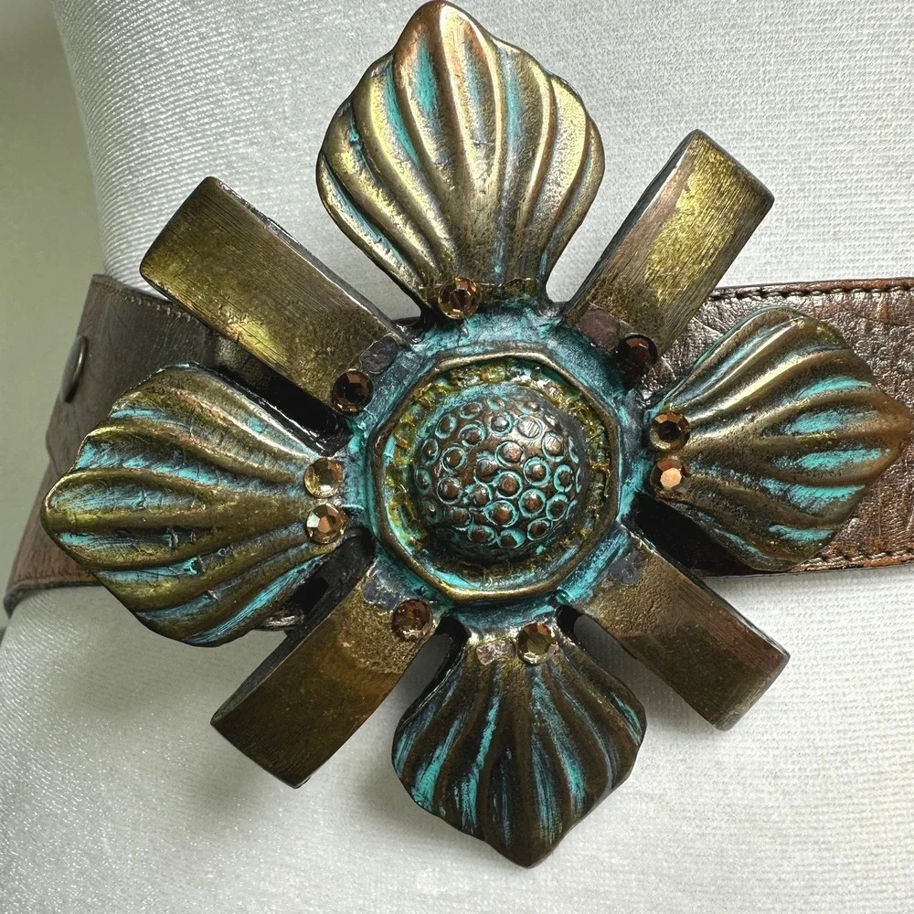 Leatherock Belt Statement 32 Brown Leather Floral Buckle Distressed Western 1489